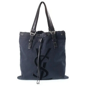 Saint Laurent Kahala Canvas Leather Logo Drawstring Tote Bag Black